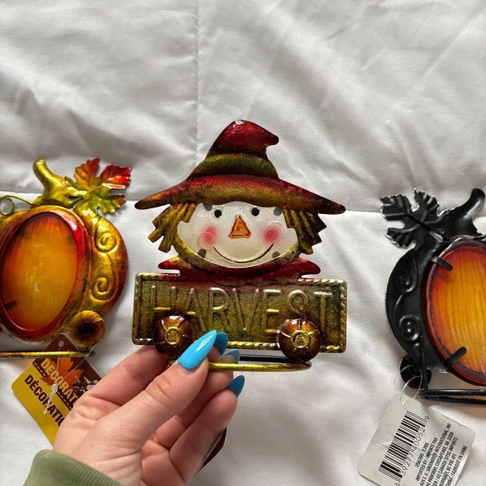 NWT Greenbrier International Fall Metal Pumpkin Scarecrow 3 Sun Catchers Sitters